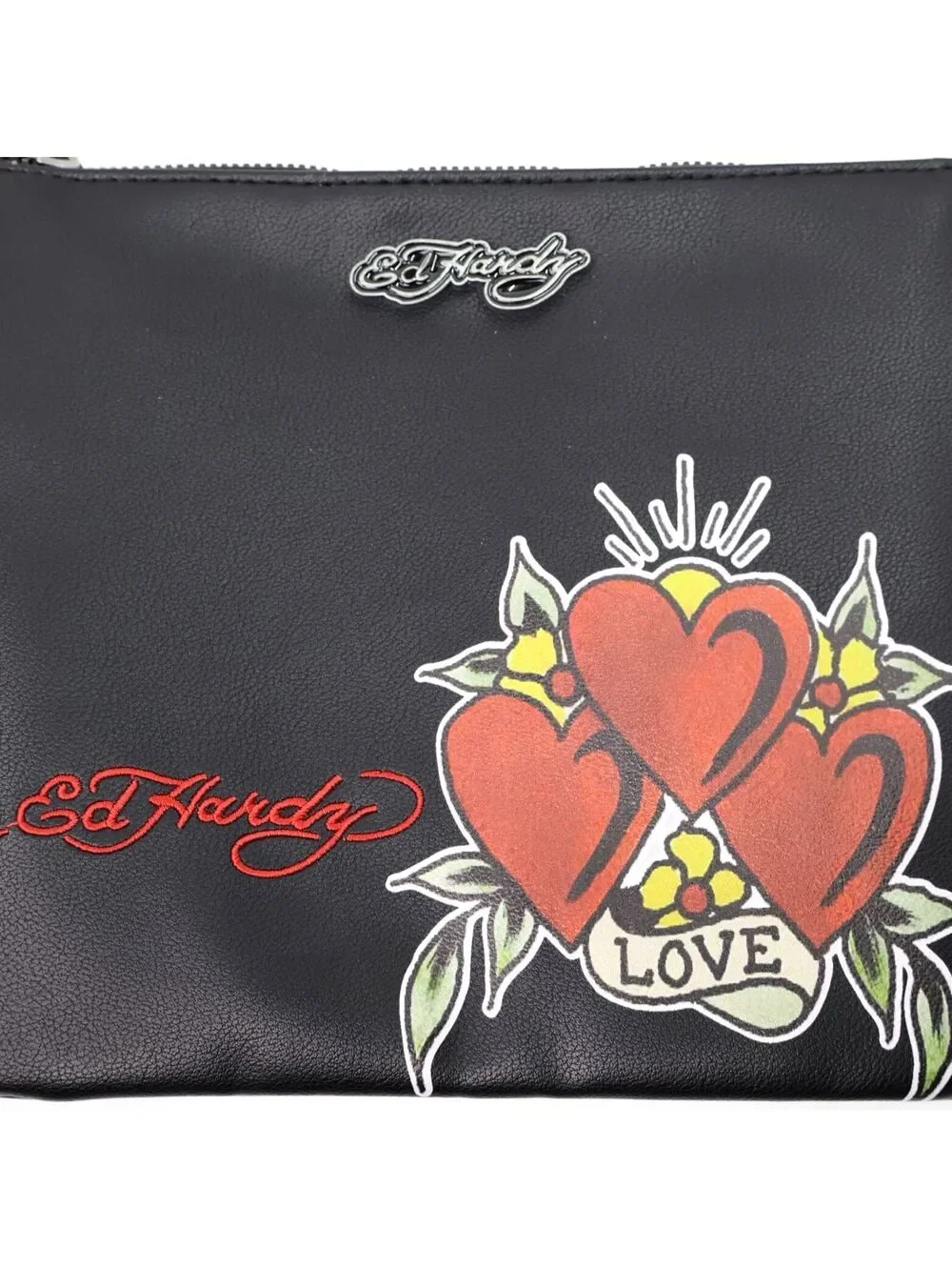 Ed Hardy Black PU Wristlet Clutch with Red Hearts and Love Design